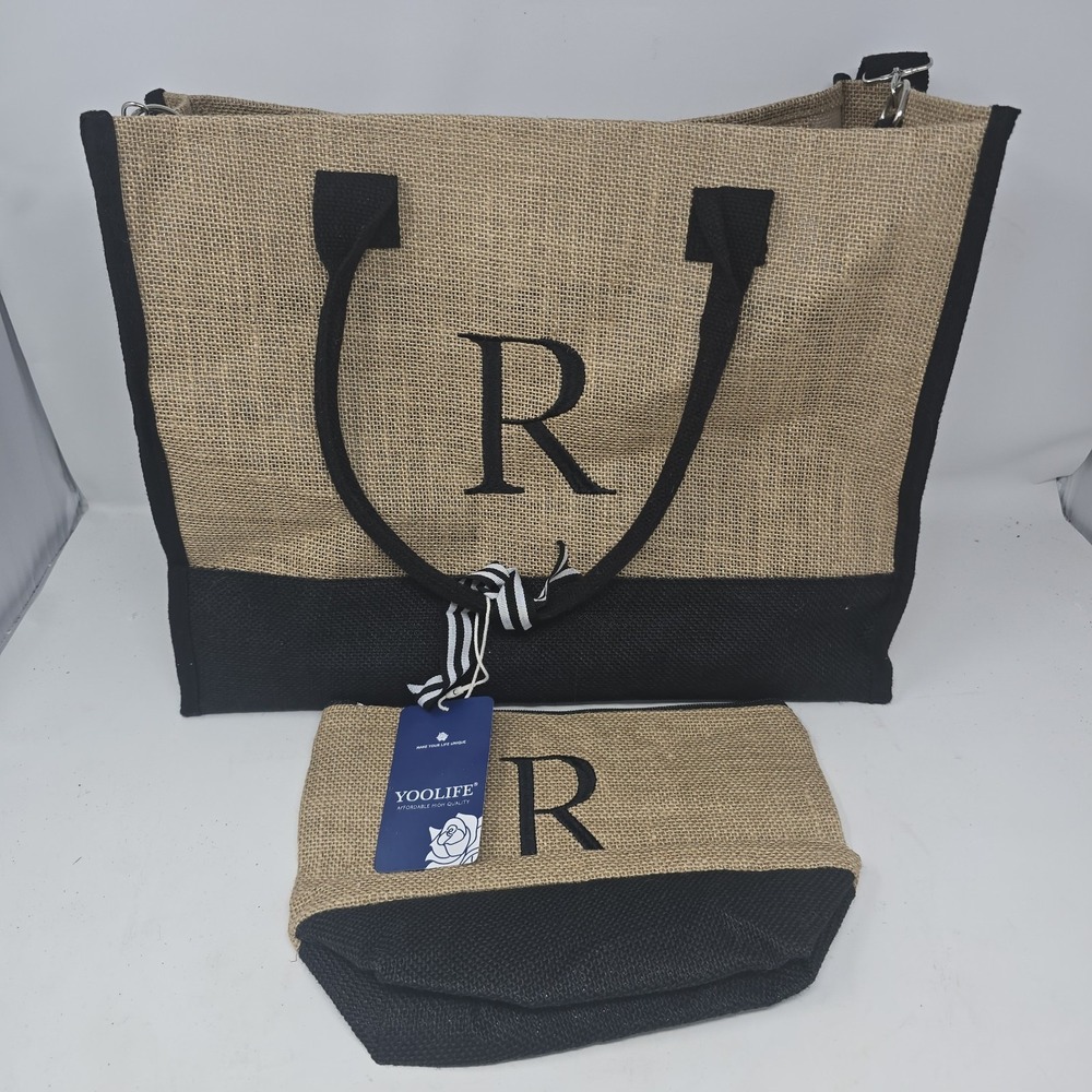 YOOLIFE Jute Tote Bag With Zipper Black Handles New With Tags And Small Bag